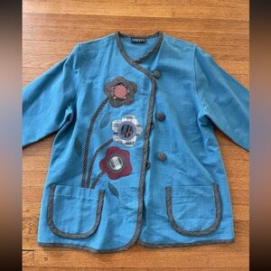 Vintage Beppa Coat Jacket Blue Wearable Art Embroidered Pockets Medium